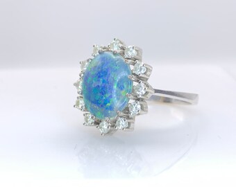 14K  White Gold Ring | 7 Ct Natural Opal surrounded by Natural Diamonds | Opal Jewellery | Natural Opal White gold Ring | Gold ring
