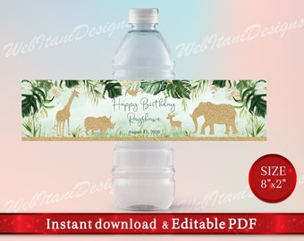 Gepersonaliseerde Jungle gouden dieren waterfleslabels voor Safari 1e verjaardagsfeestje, Instant Download, bewerkbare PDF Zoo verjaardag JNGLWI