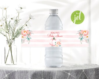 personalized Pink Pumpkin Water Bottle Labels with Editable Text, Instant Download LPB3WI