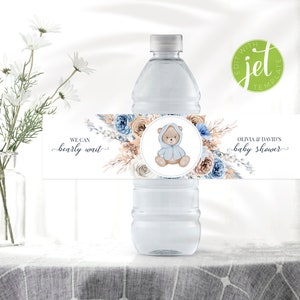 Bären Wasserflaschen Etiketten für Boho Boy Babyparty mit blauer Rose, Pampasgras, Boho Boy Bear, Instant Download WCBW