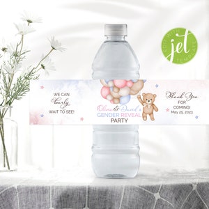 Plantilla de etiqueta para botella de agua con forma de osito y globos para fiesta de revelación de género, fiesta para él o ella BrGRP