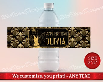 Roaring 20's Water Bottle Labels with flapper girl, Labels for Art Deco Birthday/Wedding Party, Customizable Water Bottle Labels 20sWI