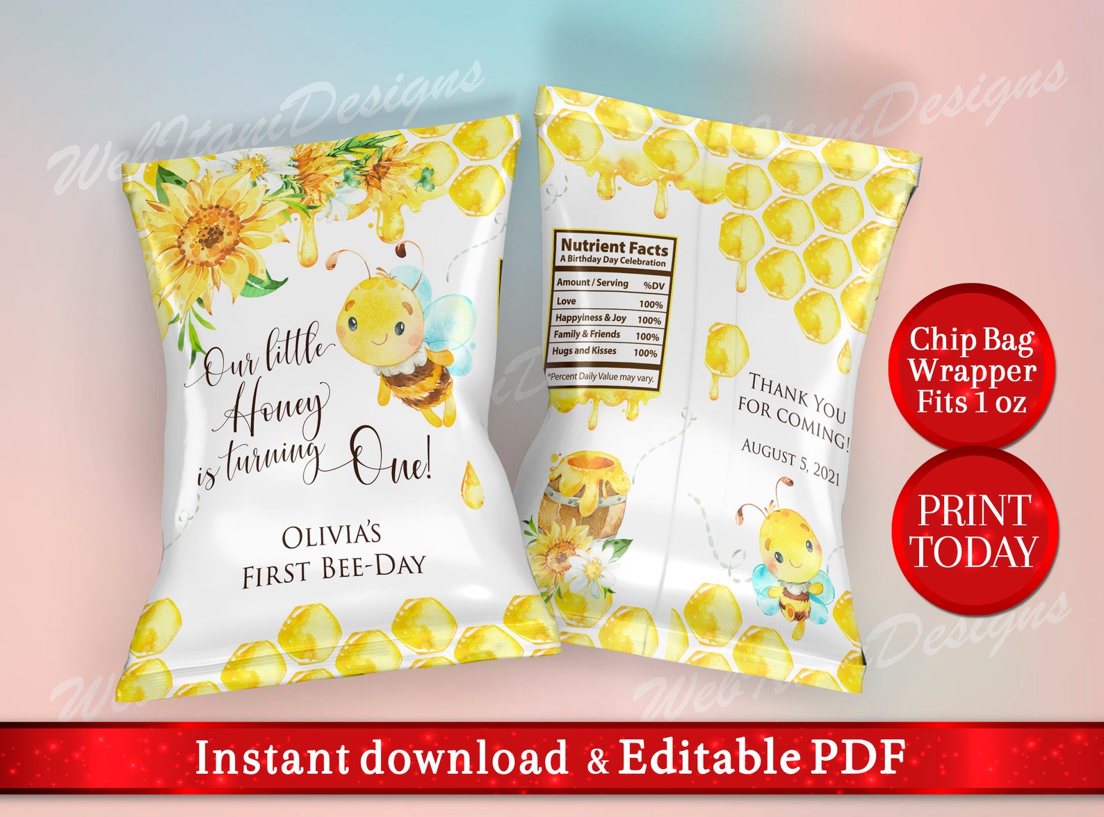 Editable Honey Bee Chip Bag for First Birthday Bee Chips Bag Etsy