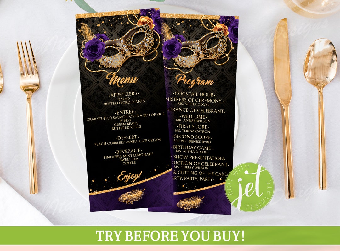 Masquerade Ball Menu & Program Card Printable Purple Gold Etsy
