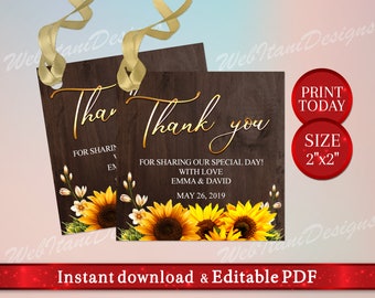 Editable Sunflower Floral Wood Favor Tags for Bridal / Baby Shower, Thank You Tags PDF, Summer Gift Tags, Instant Download S14WI