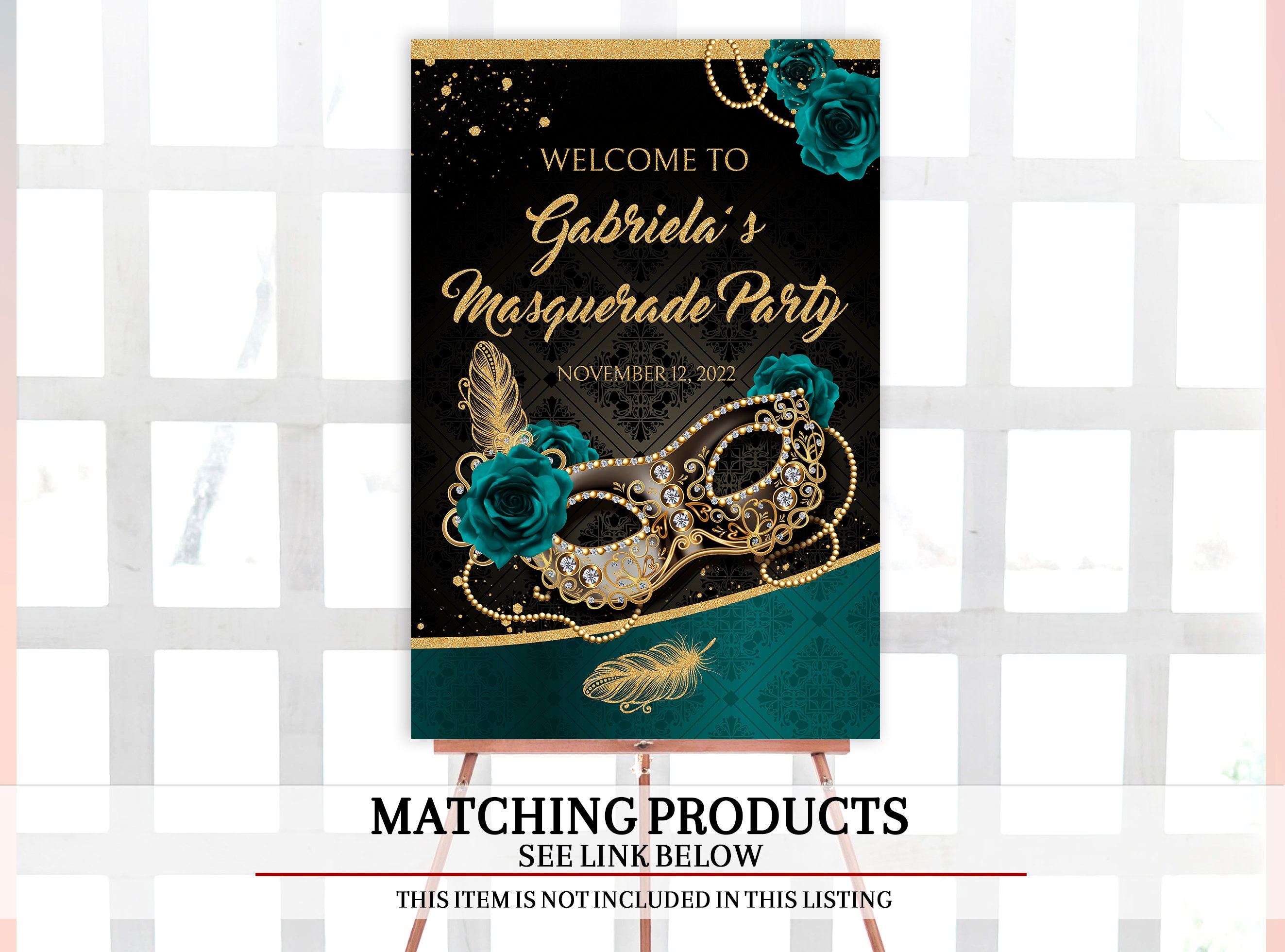 Masquerade Ball Menu Card Printable Editable Teal Gold Etsy