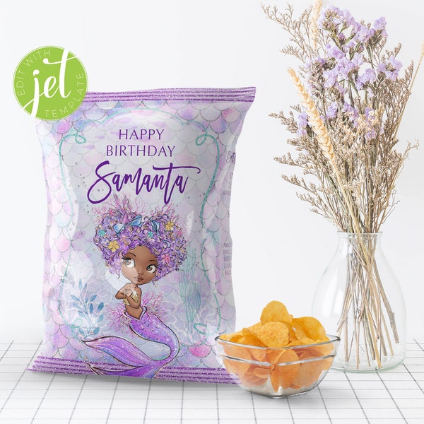 Editable Birthday Chip Bag with Little Black Mermaid, Afro Mermaid Under The Sea Wrapper, Instant Download, Printable PDF File MrmB2WI