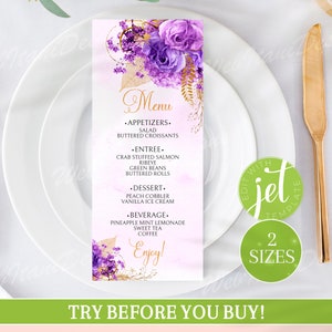 Karta menu z fioletowym złotym motywem kwiatowym, do wydrukowania i edycji menu urodzinowego, baby shower, dekoracje ślubne, natychmiastowe pobranie karty menu PGB01WI