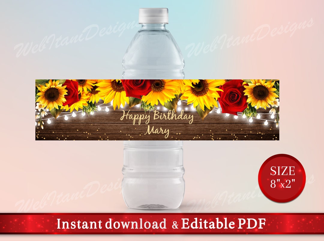 Printable Rustic Water Bottle Labels With Sunflower and Red Rose, Summer Yellow Floral Birthday ...
