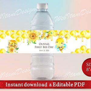 Étiquettes imprimables de bouteille d'eau d'abeille pour la fête d'anniversaire d'abeille avec le tournesol, téléchargement immédiat, fichier PDF imprimable BeeHWI