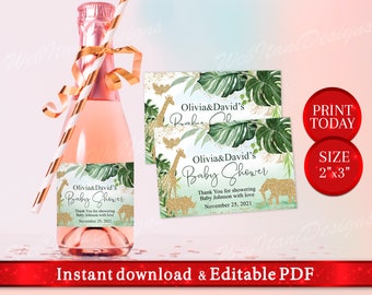 Gepersonaliseerde Safari-champagnelabels met gouden dieren voor babyshower, DIY Jungle-labels Instant Download JNGLWI