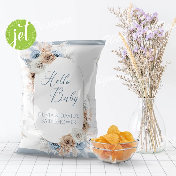 Editable Boho Boy Chip Bags with Blue Rose, Pampas Grass chip bag for Bohemian Floral Baby Shower, PDF boho snack Labels BBFBS