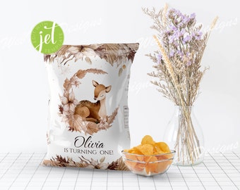 Editable Boho Floral Little Deer Chip Bag para cumpleaños Boho, favores de bolsa de chip de bosque, decoración de fiesta del bosque de otoño favorece BhDr