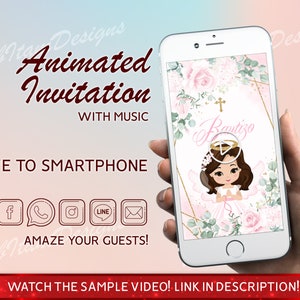 Convite animado para batismo de menina floral com anjo e música, cartão de convite em vídeo em espanhol, convites animados com glitter dourado floral Bautizo