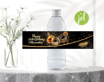 Personalized Masquerade Ball Water Bottle Labels with Masquerade Mask, Favor Instant Download, DIY Water Bottle Label Msq6WI