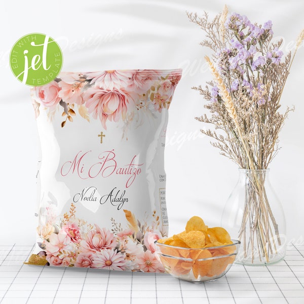Personalized Spanish Chip bag for Girl Baptism with Flowers, Mi Bautizo snack bag, Floral Chip Bag Wrappers label printable BautES2