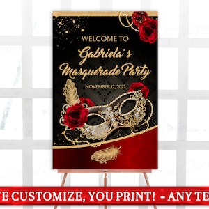 Masquerade Ball Party Welcome Sign with Masquerade Mask, Welcome sign Birthday, Graduation Party Personalized Sign, You Print Msq2WI