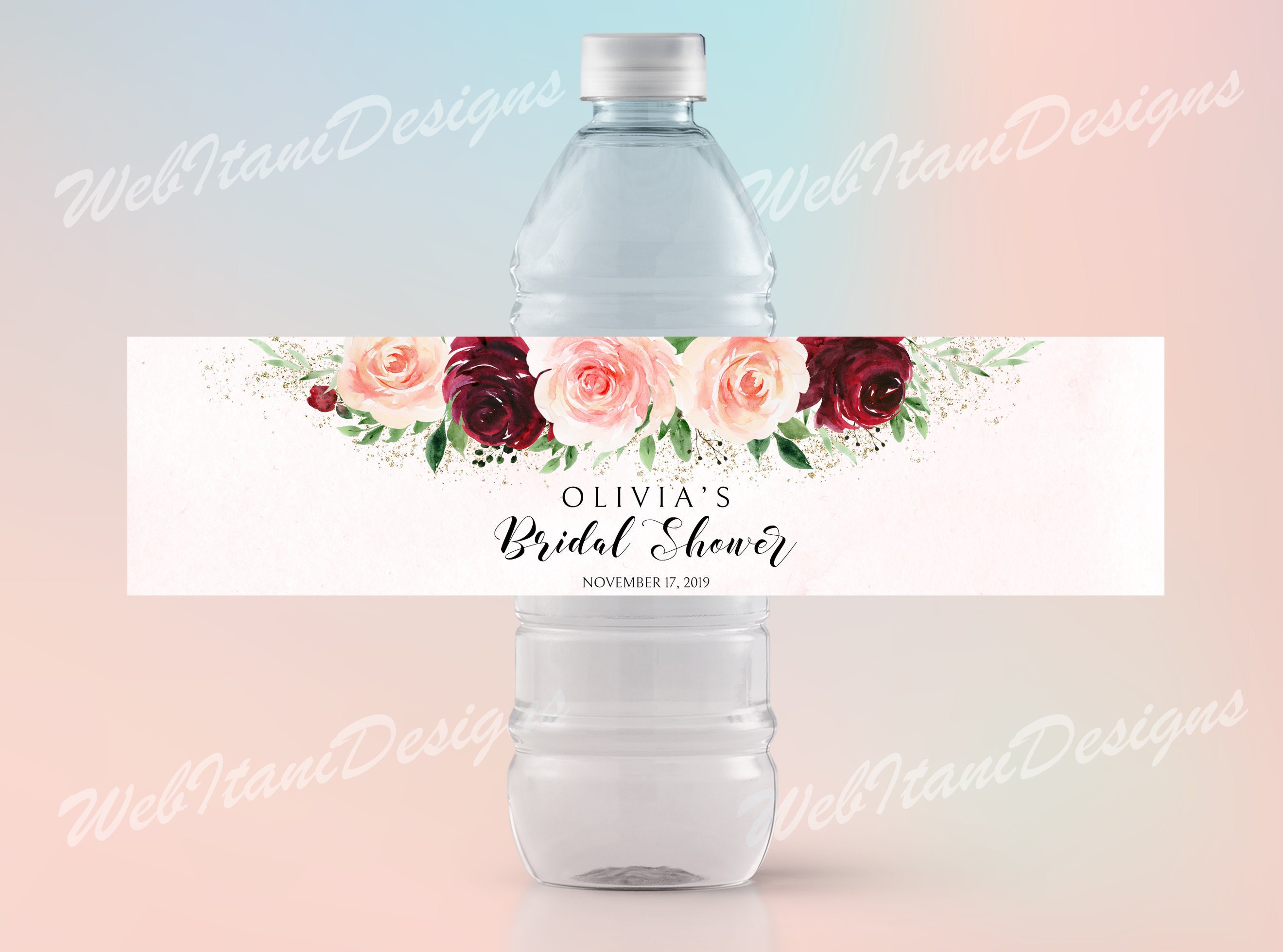Water Bottle Label Template for Bridal Shower with Blush | Etsy