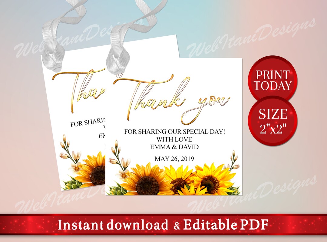 Editable Sunflower Floral Favor Tags for Shower, Sun Favor Tags, Thank ...