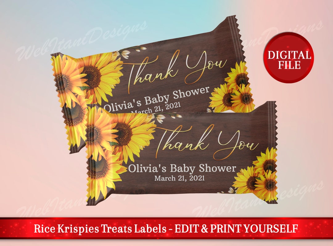 Wood & Sunflowers Rice Krispie Wrappers, Summer Yellow Floral Baby ...