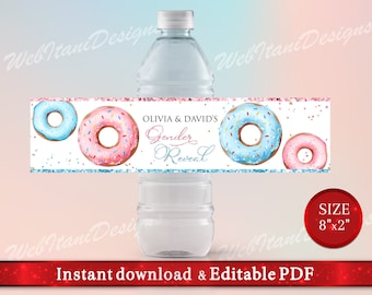 Water Bottle Labels for Donut Gender Reveal Boy or Girl Party, He or She Donut Baby Shower, Instant Download, Editable PDF DntGRPWI