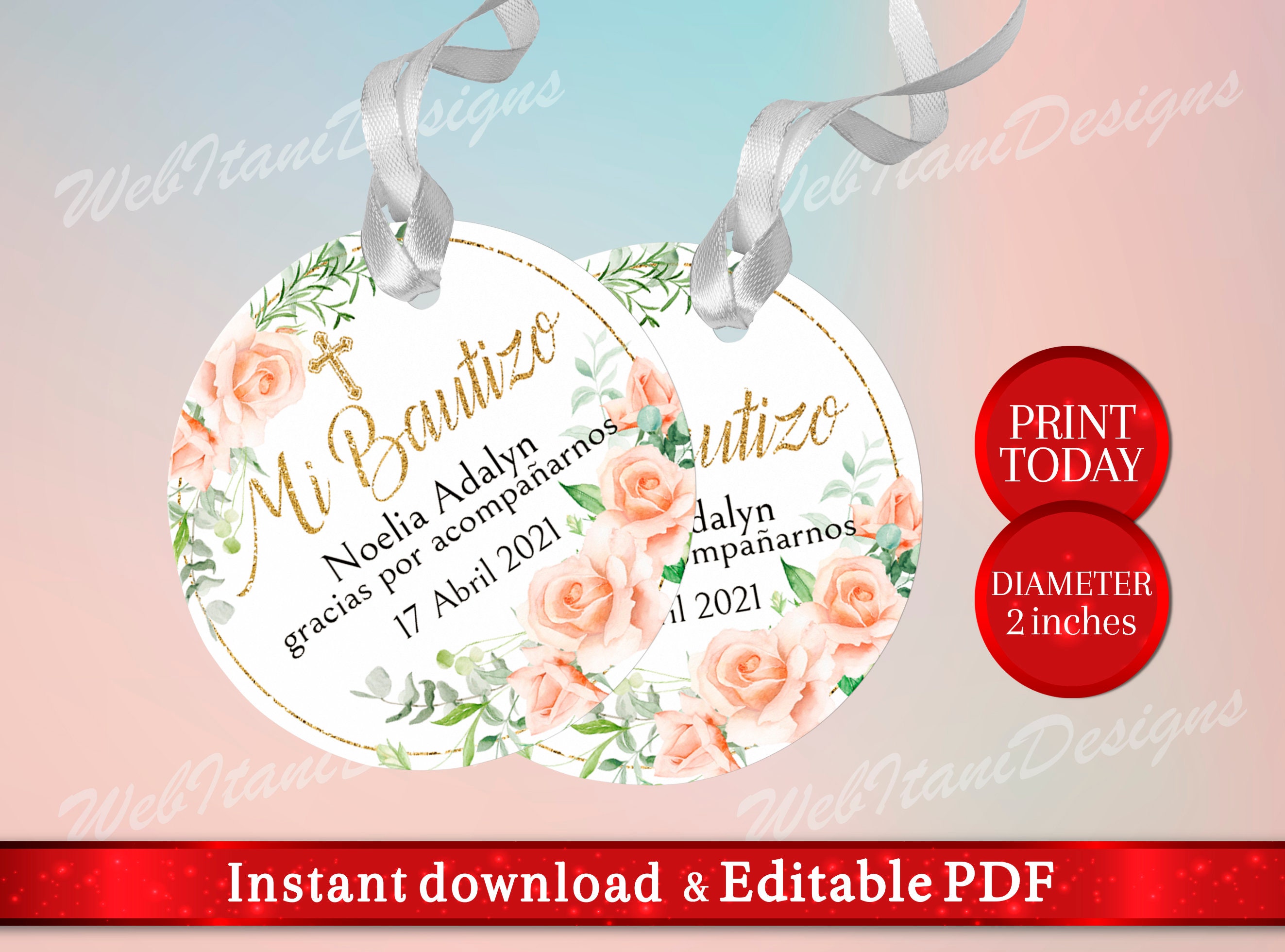 Editable Gold Mi Bautizo Tags With Blush Roses Circle Gift - Etsy