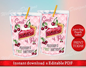 Editable Juice Bag Label for Cherry Pie First Birthday Party, Sweet as Pie Girl Bday, Summer Fruit Kid’s CPWI
