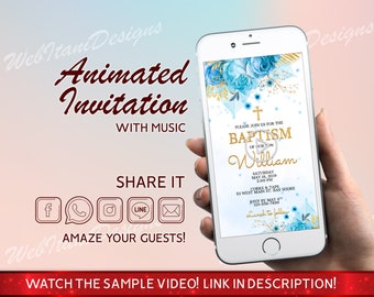 Personalized Gold & Blue Floral Baptism invitation with Music, Video invitation card, Animated Gold Glitter Floral Baptism invites BGB201WI