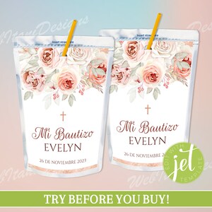 Spanische Saft Tasche Beutel Label Girl Bautizo mit blush rosa Blumen, Instant Download Mädchen Taufe Etiketten BautES