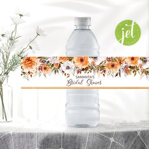Plantilla de etiqueta de botella de agua de otoño para ducha con flores y hojas de otoño, descarga instantánea, texto editable ABSWI