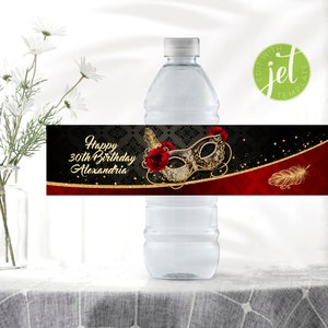 Personalized Masquerade Ball Water Bottle Labels with Masquerade Mask, Favor Instant Download, DIY Water Bottle Label Msq2WI