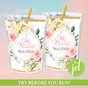 Spanische Saft Tasche Beutel Label Girl Bautizo mit rosa Rose und Pampasgras, Instant Download Mädchen Taufe Labels BAUT1