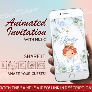 Bautizo de niño con flores animadas, ángel y música, tarjeta de invitación en video en español, invitaciones de bautizo con flores animadas con purpurina dorada