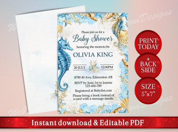 Under The Sea Baby Shower Invitation Back Pdf Blue Gold Etsy