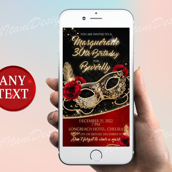 Masquerade Ball Electronic Invite, 20s New Year's Eve party, Masquerade Mask Birthday / Graduation Party Invite for Smartphone Msq2WI