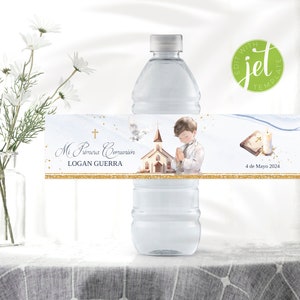 Etiquetas para Botellas de Agua Personalizadas con Niño para Primera Comunión, Fiesta de Comunión Española Dorada, Decoración para Cualquier Evento Religioso FrCmES