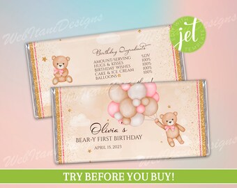 Editable Girl Teddy Bear Candy Bar Wrapper for First Birthday with Balloons, Chocolate Wrappers 1.55 oz Label, Pink Bear candy bar BgBBWI