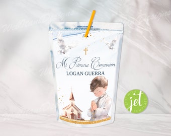 Gepersonaliseerde Spaanse Juice Bag Pouch Label Boy eerste communie, Instant Download Boy eerste heilige communie labels FrCmES