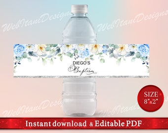 Water Bottle Labels for Boy Baptism Party with Blue and White Florals, DIY Water Bottle Label BlWhB