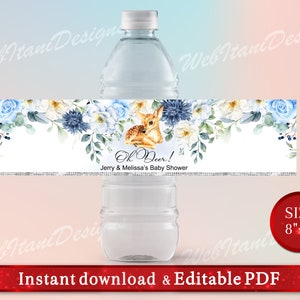 Étiquettes personnalisées de bouteille d'eau Oh Deer pour baby shower, fleurs bleues et blanches, PDF modifiable DrBSWI