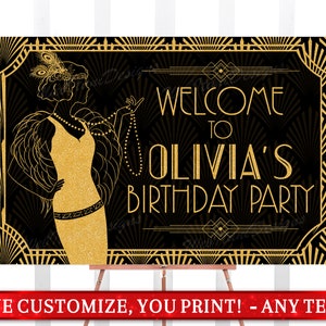 Roaring 20's Party Welcome Sign with flapper girls, Welcome  sign to Birthday, Gold Art Deco Printable Personalized Sign, You Print 20sWI