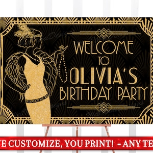 Letrero de bienvenida para fiesta de los locos años 20 con chicas flapper, letrero de bienvenida para cumpleaños, letrero personalizado imprimible Art Deco dorado, You Print 20sWI