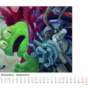 May include: An abstract painting featuring a green, cartoon-like creature with large eyes, set against a backdrop of mechanical components in shades of blue, purple, and gray. The calendar shows the month of September.