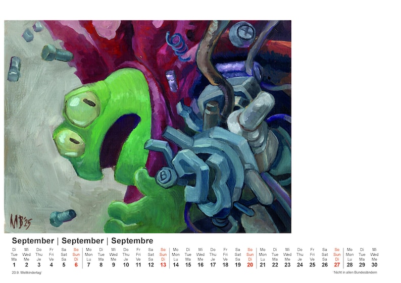 May include: An abstract painting featuring a green, cartoon-like creature with large eyes, set against a backdrop of mechanical components in shades of blue, purple, and gray. The calendar shows the month of September.