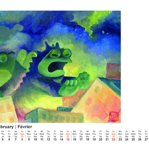 May include: A colorful painting of two green frog-like creatures with large eyes and open mouths, set against a cityscape. The calendar at the bottom shows the month of February.