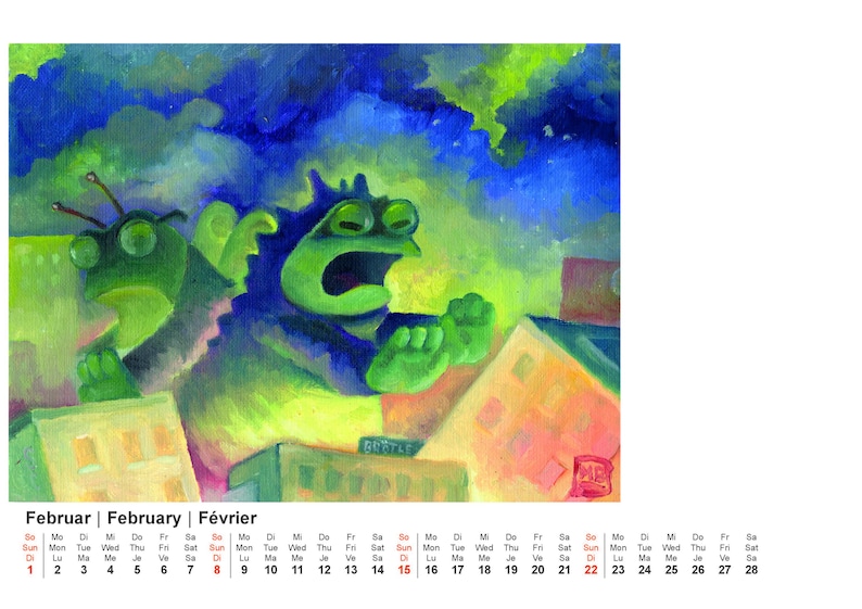 May include: A colorful painting of two green frog-like creatures with large eyes and open mouths, set against a cityscape. The calendar at the bottom shows the month of February.