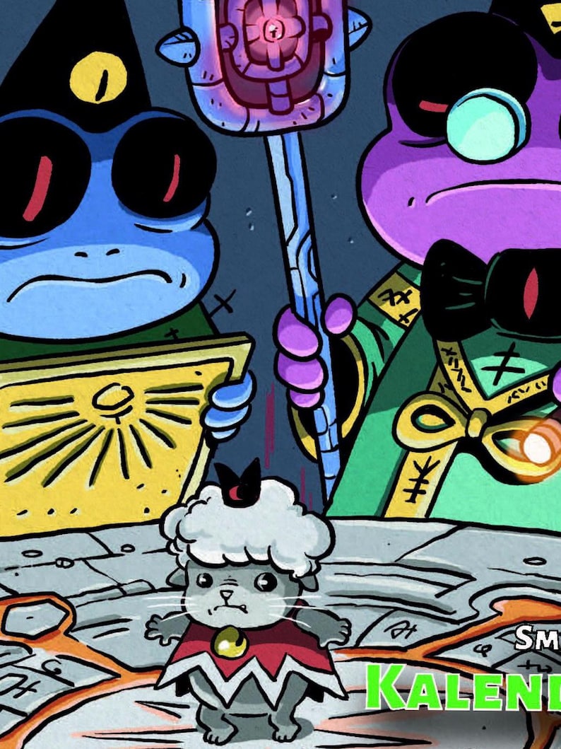 May include: Illustration of a cartoon cat wearing a red cape and a crown, standing on a map. Two frog-like characters in robes and hats flank the cat. One holds a staff, the other a golden tablet. The word "KALEND" is visible.
