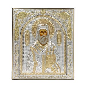 Saint Nectarios Icon: Handmade Silver Byzantine Christian Orthodox Art