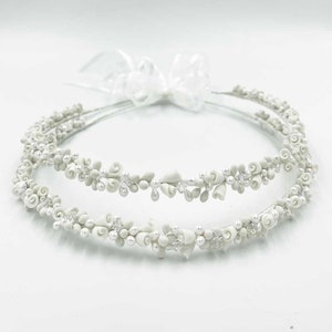 Handmade Wedding Porcelain Flowers Stefana / White Bridal Crowns Porcelain Roses Lemon Blossoms Roses Stones Pearls / Greek Orthodox Stefana