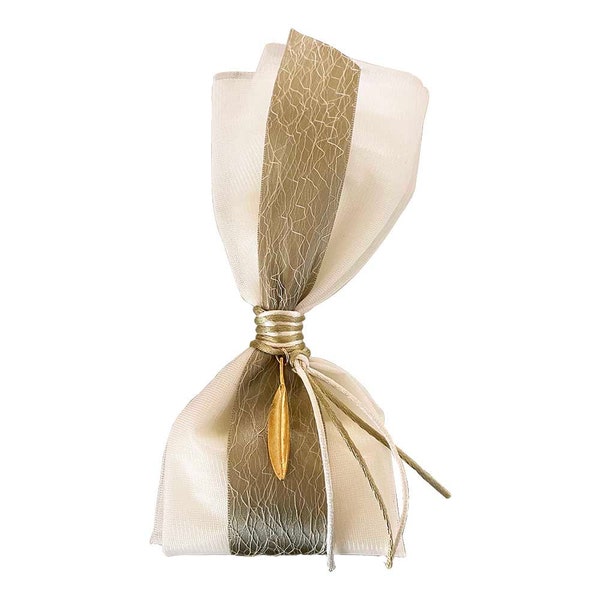 Olive Favors Wedding Bomboniere with 24K Gold-Plated Olive Leaf / Wedding Greek favors with 5 koufeta each/ Wedding guests gifts Tulle pouch